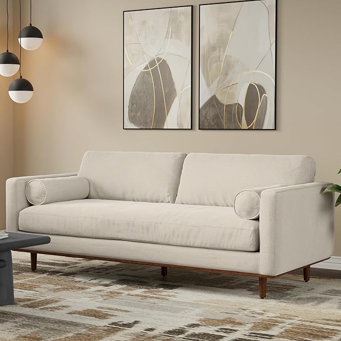 SIMPLIHOME Morrison 89-inch Wide Sofa in Cream White Woven-Blend Fabric, Handcrafted Mid-Century Modern Couch for Living Room or Family Room, Single Bench Cushion, Bolster Pillows
