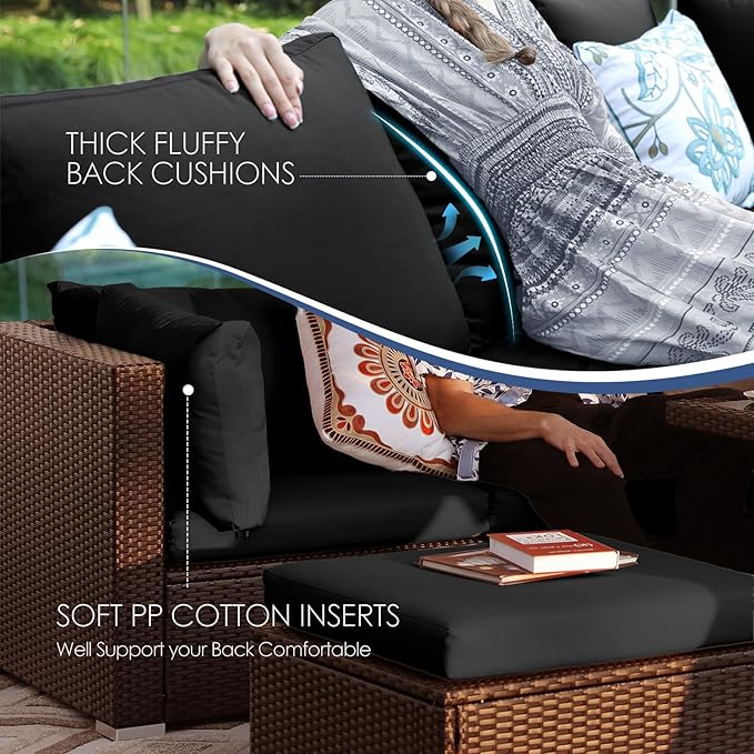 NICESOUL Modern Large Patio Furniture Set with Firepit Propane/Natural Gas, 29.3'' High Back Comfy Outdoor Sectional Couch Sofa Sets, 9 Piece Extra Wide Modular Sitting, Brown Rattan and Black Cushion