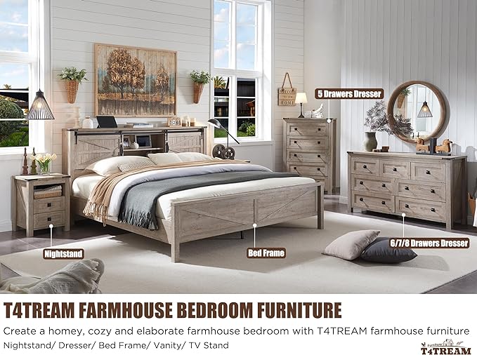 T4TREAM Farmhouse 6 Drawers Dresser for Bedroom, Wood Rustic Wide Chest of Drawers, Storage Dressers Organizer for Bedroom, Living Room, Hallway, Light Rustic Oak