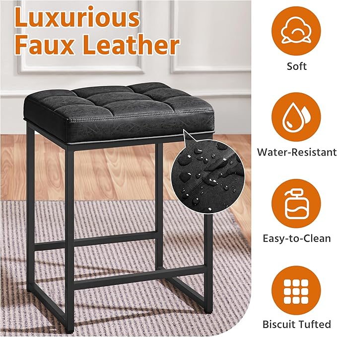 Yaheetech Bar Stools Set of 2, 24 Inch Counter Height Bar Stools Set, Backless Kitchen Island Stools, Faux Leather Stools for Kitchen Counter, Black