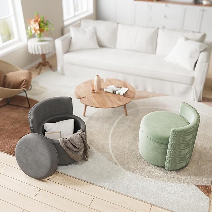 360° Swivel Accent Chair with Storage, Vanity Stool with Back, Velvet Storage Ottoman, Upholstered Round Barrel Vanity Chair for Living Room, Makeup Room, Bedroom (Green)