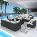 NICESOUL 9 Piece Outdoor Patio Furniture Set with Fire Pit Table Dual Natural Gas & Propane, 29.3'' High Back Extra Large Comfy Wicker Conversations, Deep Wide Modular Couches for Garden, Light Grey