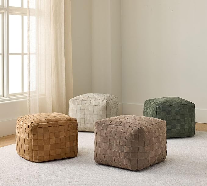 Luxury Handcrafted Suede Basketweave Pouf Ottoman – Soft & Durable Floor Cushion, Footrest, and Accent Seating for Living Room, Bedroom, & Office – Stylish Modern Home Décor (Hunter, 18" x 18" x 14")