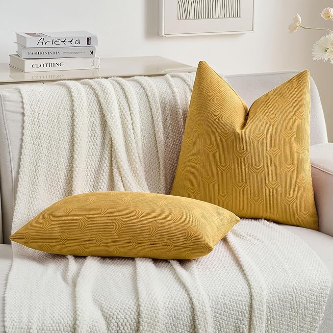 FUTEI Mustard Yellow Chenille Decorative Throw Pillow Covers 16x16 Inch Set of 2,Soft Cozy Striped Geometric Patterns Cushion Cases,Modern Home Decor for Couch Bed Living Room