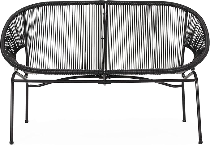 Christopher Knight Home Dessa 3 Piece Patio Furniture Set, Patio Wicker Accent Chair Set of 2 and Loveseat, Metal Frame 4 Seater Outdoor Papasan Lounge Chair Set, PE Rattan Outdoor Bistro Set, Black