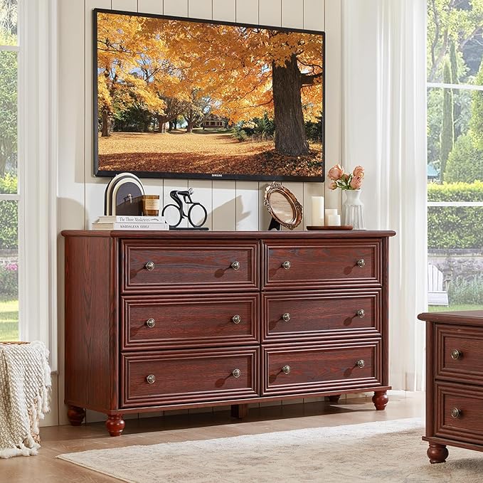 6 Drawers Dresser for Bedroom, Farmhouse 54" Wide Wood Dressers Chest of Drawers, Vintage Design TV Stand, Rustic Storage Dresser Organizer with Metal Handle Closet for Living Room, Hallway