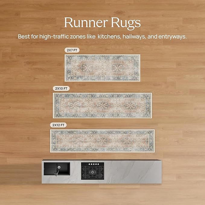 RUGGABLE x Morris & Co Machine Washable Runner Rug – Pomegranate Blue Green 2.5x7, Stain-Resistant, Non-Slip – Washable Rug for Hallway, Entryway, Living Room & Kitchen–with Standard Pad