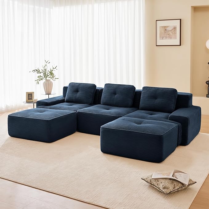 115.3” Blue Boneless Couches for Living Room, Modular Sectional Sofa with U-Shape Chaise, 3 Seater Comfy Upholstered Deep Seat Corduroy Fabric Cloud Couch No Assembly, Anti-Slip Design