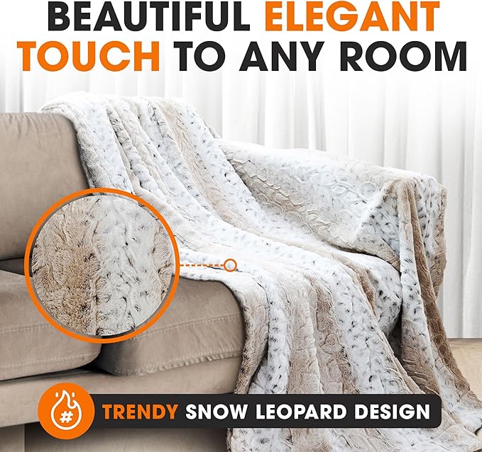 Cheer Collection Embossed Faux Fur Throw Blanket - Ultra Soft Fuzzy Blanket, 60" x 70" - Snow Leopard