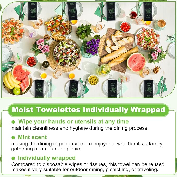 Moist Cotton Towel Bulk Moist Towelettes Individually Wrapped 8.7" x 8.7",White Towel Services,Refreshment Pre Moistened Towels for Travel Sport Party Spa Dentist (1 Count (Pack of 50), Mint)