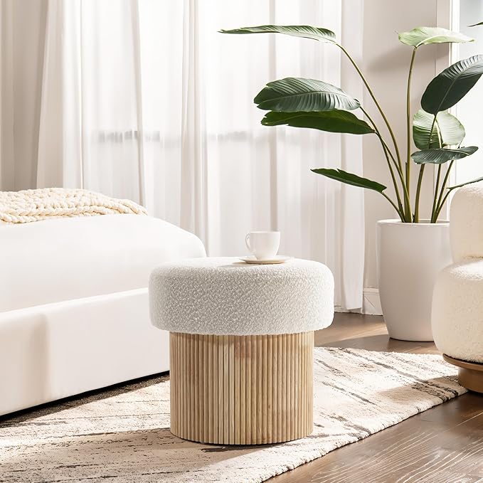 LuxenHome Storage Ottoman, 15.5"W x 15.5"H Modern Upholstered Padded Ivory Footstool with Storage and Wood Fluted Base, Accent Small Table, Footrest Vanity Stool for Living Room, Bedroom, Small Space