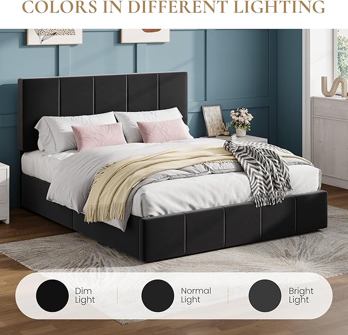 SHA CERLIN Queen Bed Frame, Dutch Velvet Upholstered Platform Bed, Vertical Channel Tufted Adjustable Headboard, Low Profile Bed Frame, No Box Spring Needed, Easy Assembly, Black