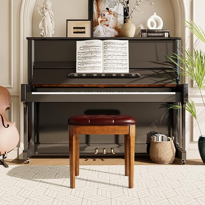 MODERION Vanity Stool Bench with Upholstered, Modern Luxury Wood Stool ,Ottoman Shoe Bench for Living Room, Vanity, Entryway, 19.3"L x 14.9"W x 19.3"H Easy Assembly, Beeswax Leg & Wine Red FD-HNY-WR
