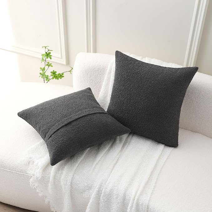 FUTEI Pack of 2 Dark Grey Decorative Throw Pillow Covers 16x16 Inch Soft Cozy Solid Boucle Textured Cushion Case,Modern Home Decor for Couch Bed Living Room