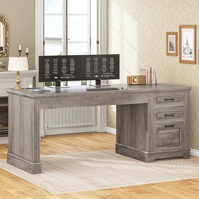 SEDETA Executive Office Desk with 3 Drawers, Farmhouse 55" Computer Desk with Storage File Drawers & Power Outlet for Home Office, Grey