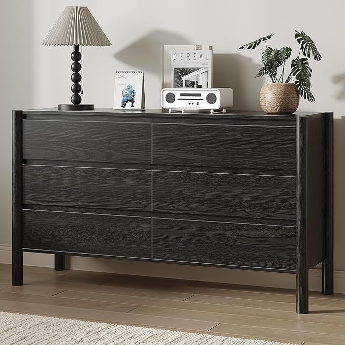 Dresser for Bedroom with 6 Drawers,47" Wide Oak Dresser with 4 Solid Wood Legs, Wooden TV Stand,Closet Clothes Organizer for Bedroom, Hallway