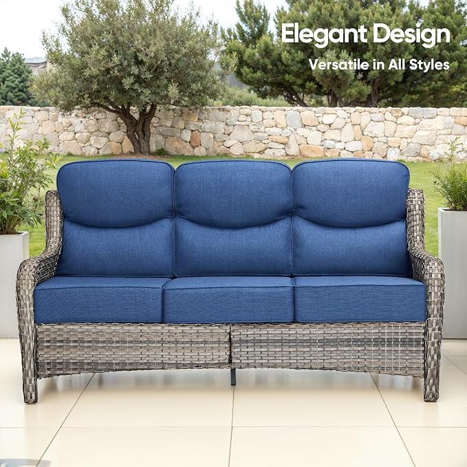 Swivel Patio Chairs sofa Set of 7 with 6" Thick Cushion - Wicker Outdoor Swivel Rocker Patio Chair ,Sofa/Glass coffee table, High Back Comfortable Outdoor Glider Chairs - Gery Wicker Blue Cushions