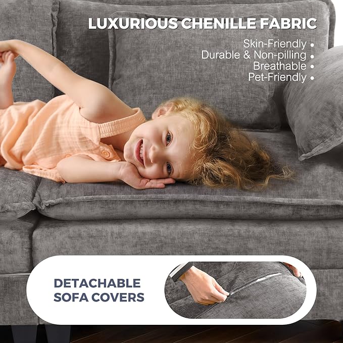 ELUCHANG 116" Luxury Modular Sectional Sofa, Comfy Deep Seat Cloud Couch, Sleeper Sofa Bed, 6 Seat Modern Couch with Removable Cover for Living Room, Apartment, DIY Combination, Chenille Light Grey