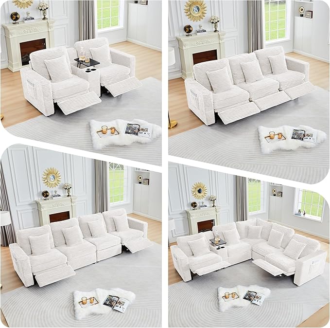 ORRD Multifunctional Storage Console with Dual Cup Holders, Table, USB Charging Station for Modular Sectional Sofa for Living Room-White