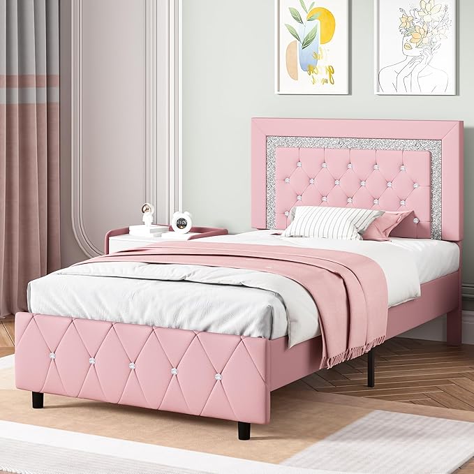 BarnFurin Twin Bed Frame with Headboard, Faux Leather Upholstered Bed with Diamond Tufted Design, Princess Twin Bed Frames for Kids, No Box Spring Required, Easy Assembly, Pink
