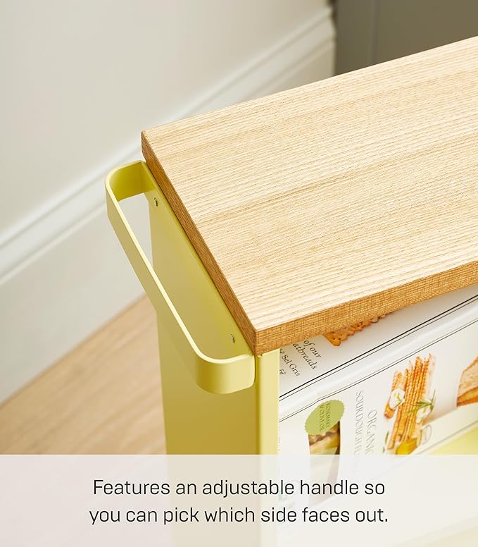 YAMAZAKI Home Slim Rolling Storage Cart – Narrow Bathroom Storage Cabinet with Handle, Slim Bathroom Storage Cart with Wheels, Easy Assembly, Steel + Wood, Yellow