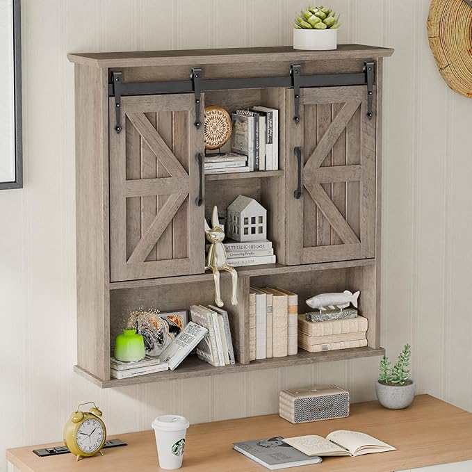 Vabches Bathroom Wall Cabinet, Farmhouse Wooden Medicine Cabinet with Double Sliding Barn Door and Adjustable Shelves, Farmhouse Storage Cabinet Wall Mounted for Bathroom, Kitchen Dining, Washed Oak