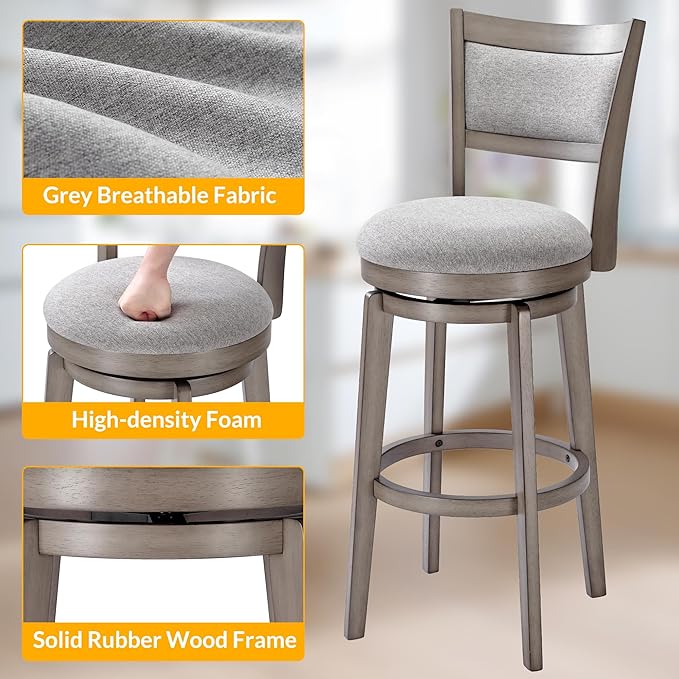 PrimeZone Swivel Bar Stools Set of 8, 30 Inch Bar Height Barstools, High Back Bar Stool with Solid Wood Legs & Wrap-Around Footrest, Counter Stools for Kitchen Island, Pub, Grey