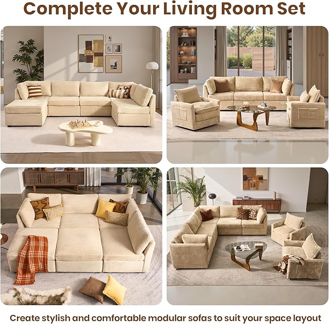 130'' Modern Modular Sectional Sofa with Ottoman, 8 Seater U Shaped Cloud Couch for Living Room, Oversized Deep Seat Convertible Sofa Set, Plush Corduroy Beige