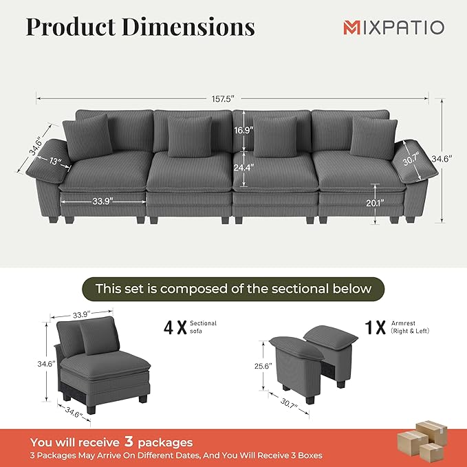 157.5" Cloud Modular Sectional Sofa, 4-Seater w/Deep Seat & Removable Arms, Plush Corduroy for Living Room - Gray