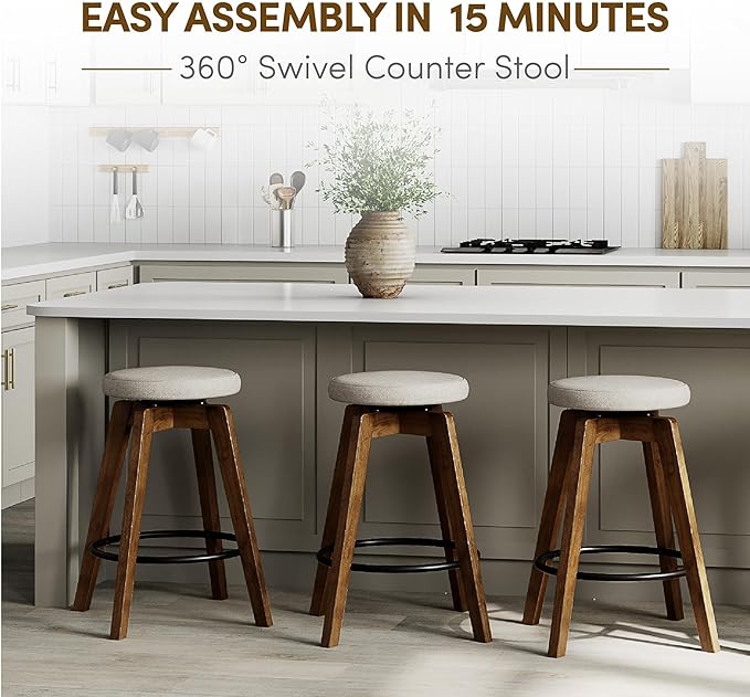 Swivel Premium Solid Wood Counter Stool 25", 360° Rotating Upholstered Cushion, Backless Bar Chair for Island, Pub, Kitchen, Dining Room (Walnut)