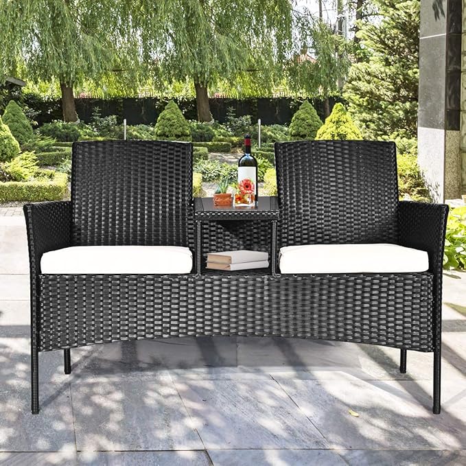 COSTWAY 2-Seat Patio Conversation Sets, Outdoor Patio Loveseat Set with Removable Cushions & Built-in Coffee Table for Backyard, Garden, Lawn, Balcony, Black+Beige