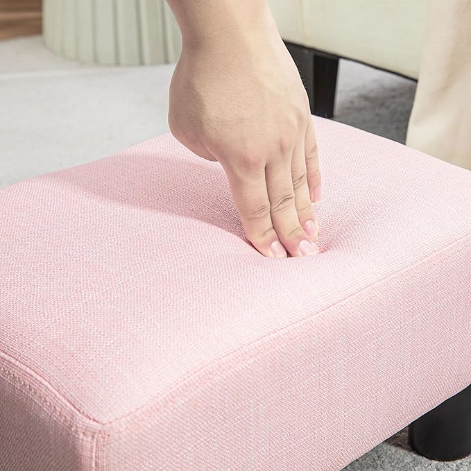 HOMCOM Ottoman Foot Rest, Small Foot Stool with Linen Fabric Upholstery and Plastic Legs, Cube Ottoman for Living Room, Pink