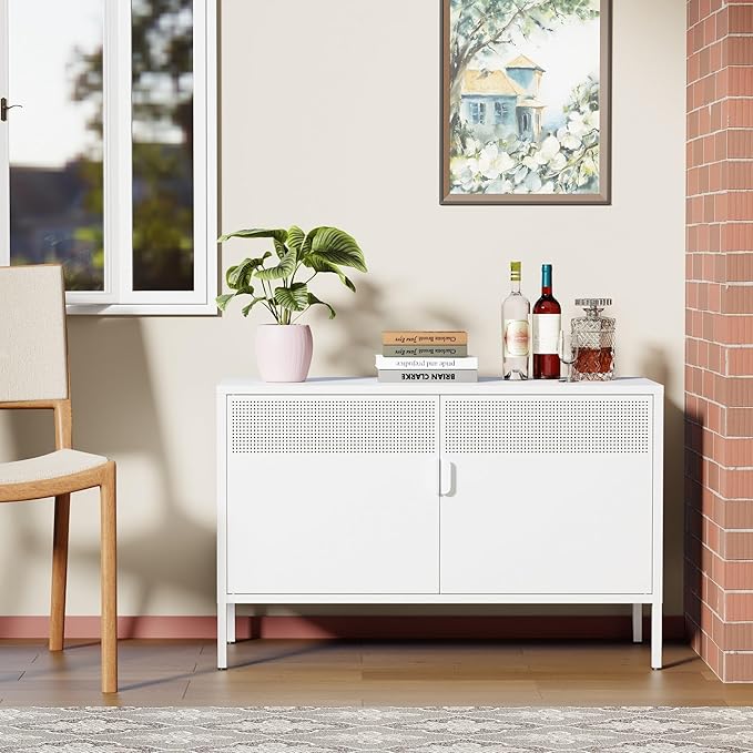 White Metal Locker Storage Cabinet with Adjustable Shelf, Low Metal Storage Cabinet for Home Office, 2 Door Small Decorative Metal Locker Tv Stand Cabinet