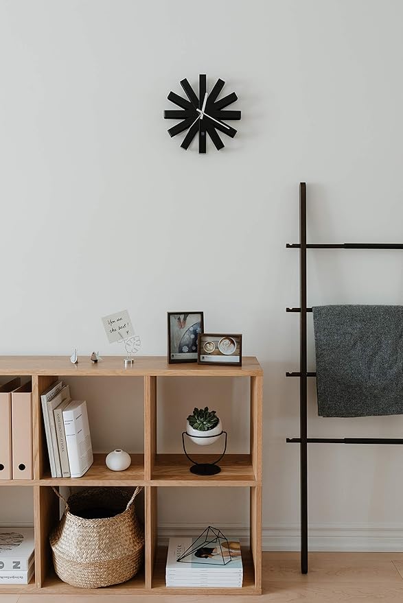 Umbra Ribbon Modern 12-inch Wall Clock, Battery Operated Quartz Movement, Silent Non Ticking Wall Clocks, Black