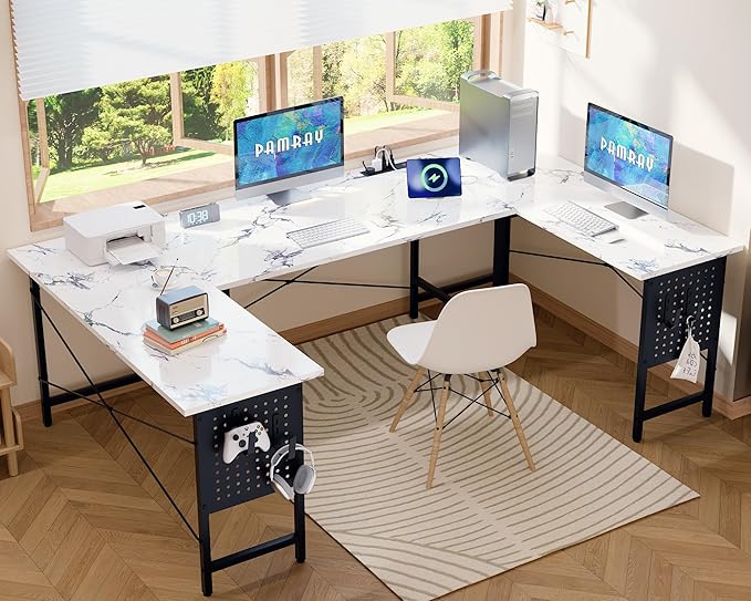 Pamray 71 Inch Large Computer Desk with Power Outlets,U Shaped Corner Desk for Home Office Work and Gaming Marble