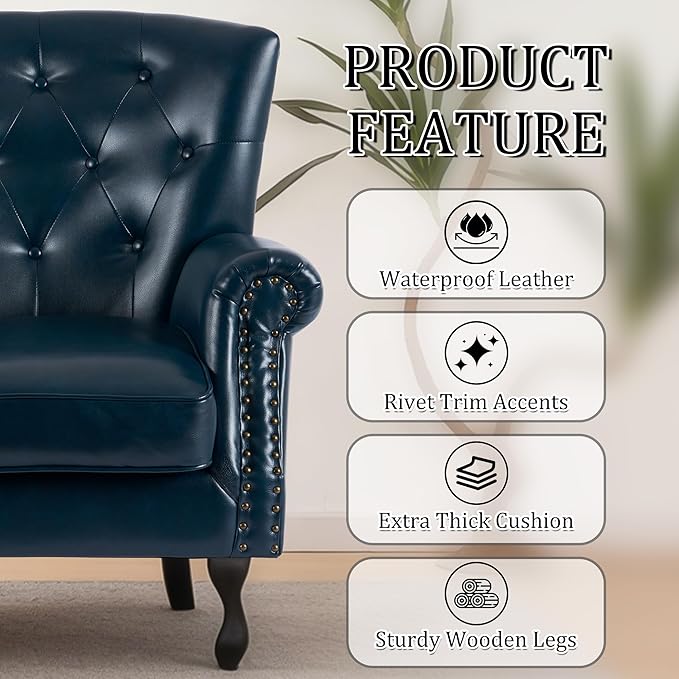 Modern Accent Chair Set of 2, Mid-Century PU Leather Armchair with Solid Wood Legs, Single Sofa Chair for Living Room, Bedroom, Leisure Room, or Reading Room(Navy)