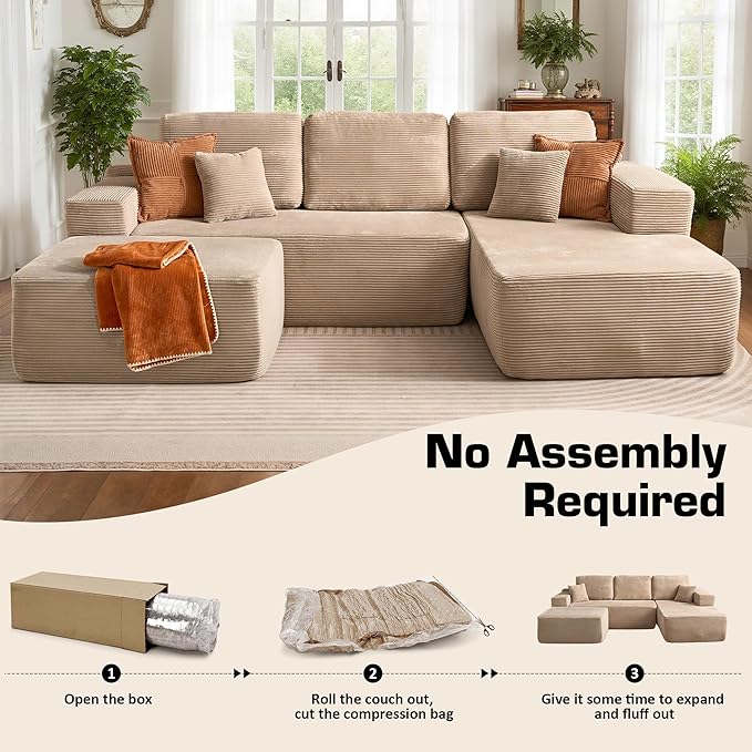 106" Cloud Sectional Couch with L-Shape Chaise & Ottoman, No Assembly Modular Sofa, Deep Seat Corduroy Boneless Couched for Living Room (Camel Stripe Corduroy, Right Facing Chaise with Ottoman)