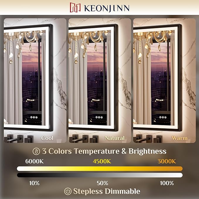 Keonjinn 48” x 30” LED Bathroom Mirror with Frontlit & Backlit, Large Metal Framed Lighted Mirror with Stepless Dimmable 3-Color Temperatures, Anti Fog, UL-Listed Driver, No Dark Corner