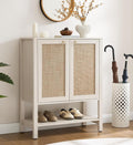 SICOTAS Rattan Shoe Cabinet with Storage - 5 Tier Farmhouse Boho Shoe Organizer Storage Cabinet with Shelves & Doors, Tall Shoe Rack Cabinet for Entryway, Living Room, Closet (White Cream Oak)