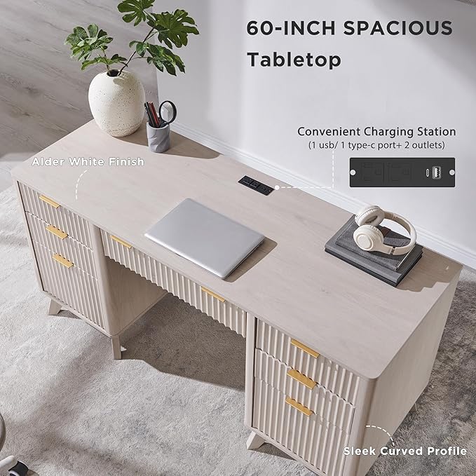 T4TREAM Modern Fluted Executive Desk with Drawers, 60" Home Office Computer Desk with Charging Station & Keyboard Tray, Alder White
