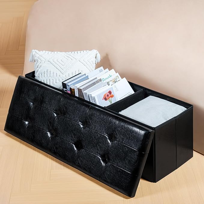 PINPLUS Folding Storage Ottoman Bench, Black Faux Leather Long Chest with Tray, Footrest Seat, Blanket Storage for Living Room Bedroom Office Hallway, 43.3"x15"x15"