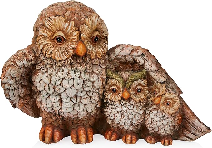 Alpine Corporation QFC366HH Indoor Outdoor Owl Mom Protecting Babies Garden Statue, Loving Owl Family Statue, 11" Tall, Brown