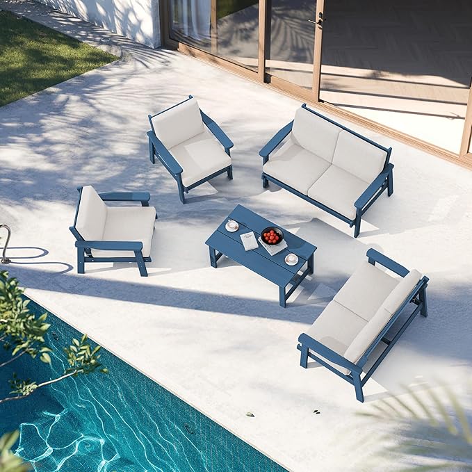 SERWALL HDPE Patio Furniture Set, 5 Piece All Weather Wood-Like Sectional Outdoor Furniture Set, Blue Patio Sofa Couch with Khaki Cushions for Deck, Lawn