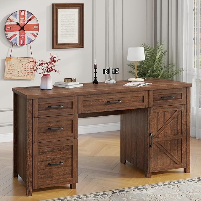 Farmhouse 61'' Executive Desk with 5 Drawers, Rustic Office Desk Computer Desk with Charging Station, File Drawers and Storage Cabinet, Wood Workstation for Study and Home Office, Red-Brown.