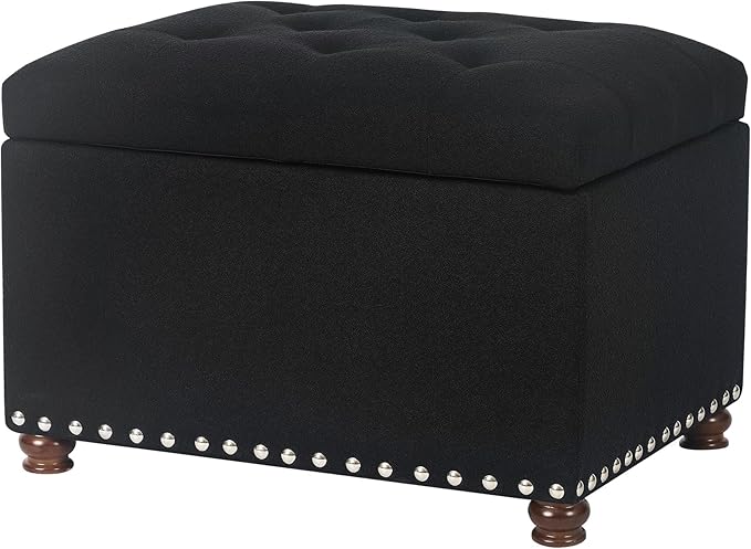 Joveco Storage Ottoman Bench, Rectangle 24″ Linen Foot Rest Stool Square Footstool for Living Room, Bedroom, Black