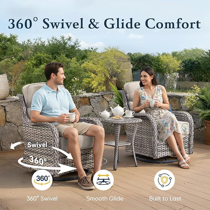 Belord Luxury 6" Thick Cushioned 5 Pieces Patio Furniture Set with Fire Pit Table, Wicker Outdoor Conversation Set with High Back Swivel Rocker Chairs for Deck Porch Yard and Poolside - Grey+Beige