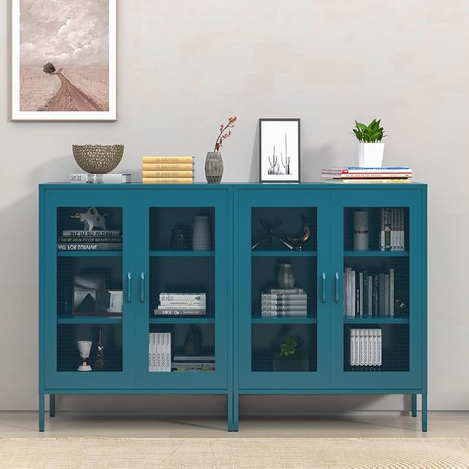 Blue Metal Storage Cabinet with Mesh Doors, Small Office Storage with 2 Adjustable Shelves, Accent Metal Locker for Home, Office, Living Room, Hallway