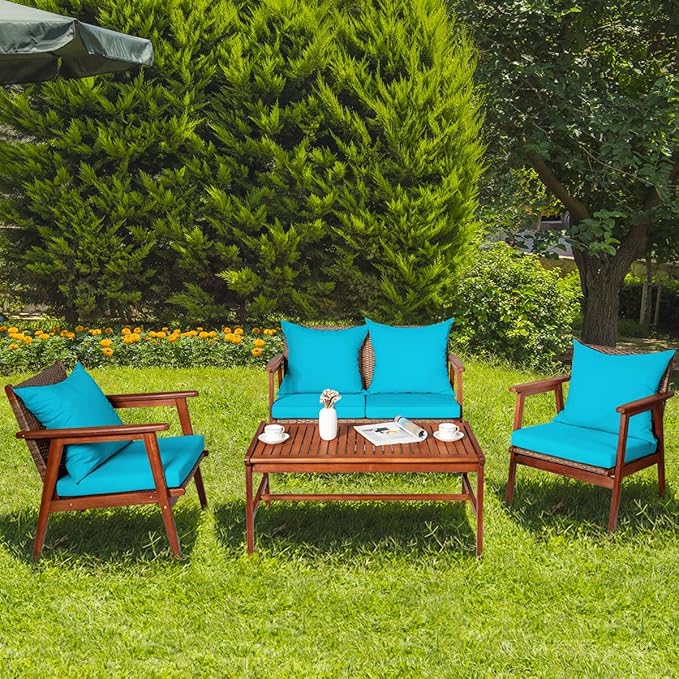 COSTWAY 4 Pieces Acacia Wood Patio Conversation Set, Outdoor Wicker Sofa with Coffee Table & Cushions, Patio Rattan Furniture Set for Yard, Porch, Poolside, Balcony, Backyard, Turquoise