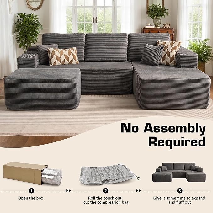 106" Cloud Sectional Couch with L-Shape Chaise & Ottoman, No Assembly Modular Sofa, Deep Seat Corduroy Boneless Couched for Living Room (Gray Stripe Corduroy, Right Facing Chaise with Ottoman)