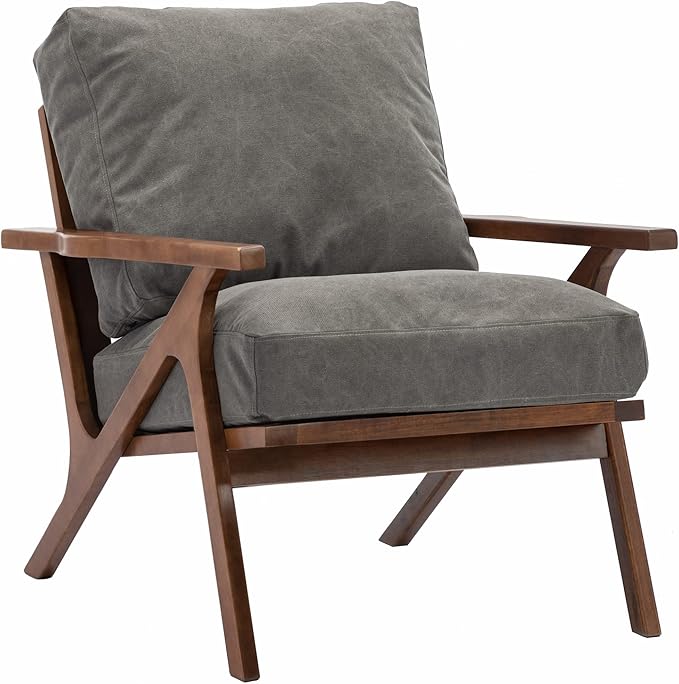 Wahson Mid Century Chair, Upholstered Accent Armchair, with Wood Frame and Canvas Cushions, Leisure Slipper Chair for Living Room/Bedroom, Grey